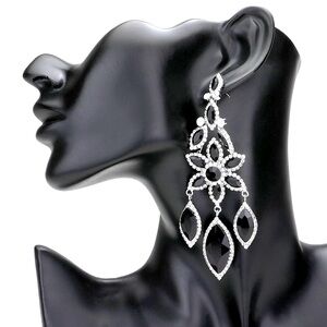 Black Flower Marquise Stone Dangle Evening Statement Earrings